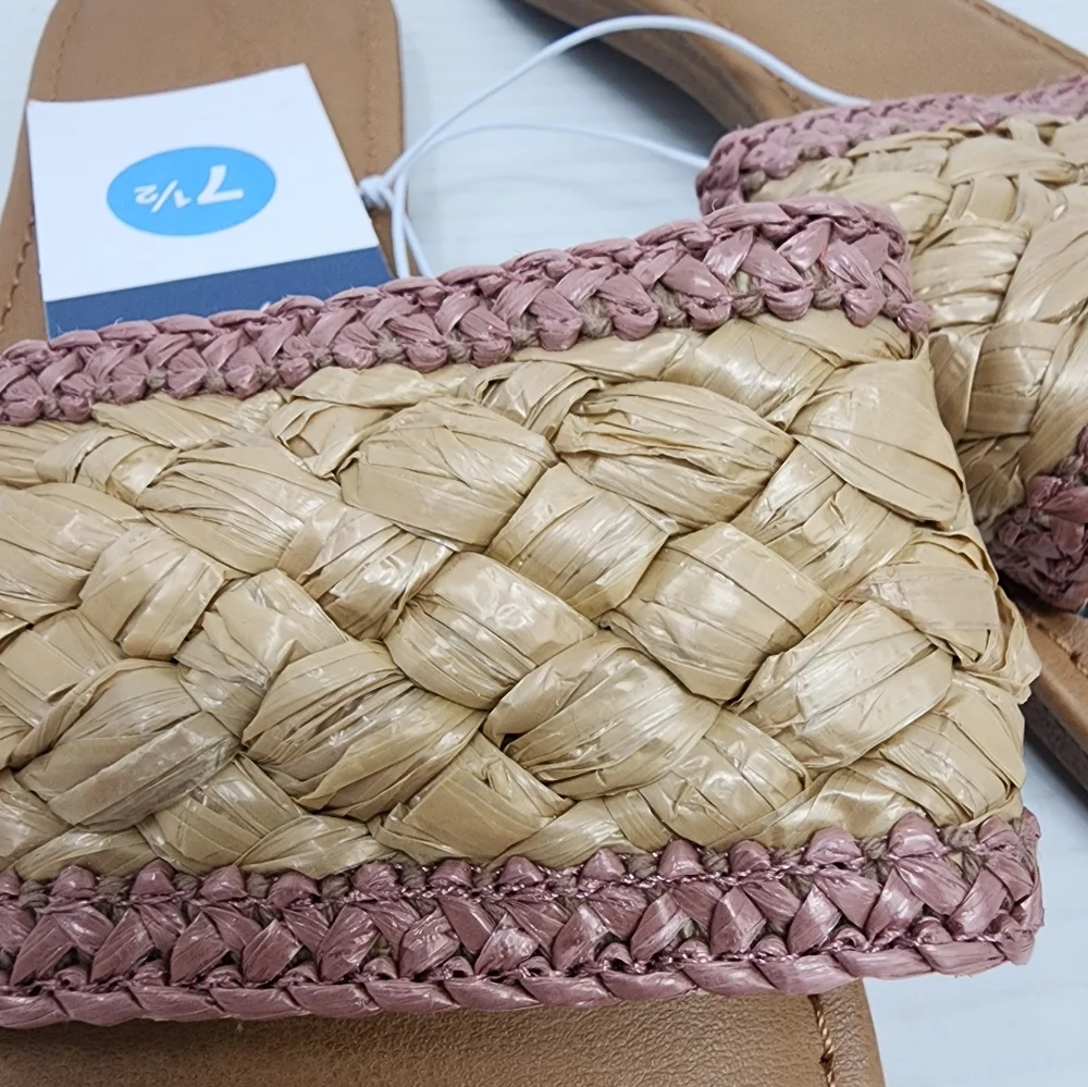 New Woven Slide Sandals Rose Raffia Slide Boho Sandals Beach Flat Flip Flops 7.5